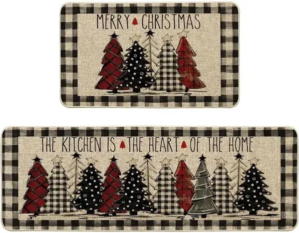 Buffalo Plaid Xmas Tree Merry Christmas Kitchen Mats Set of 2, Winter Home Decor