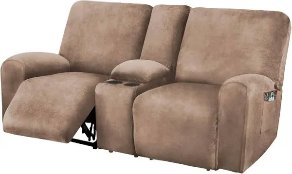 8-Piece Velvet Slipcover for Reclining Love Seat - Soft &amp; Washable in Sand