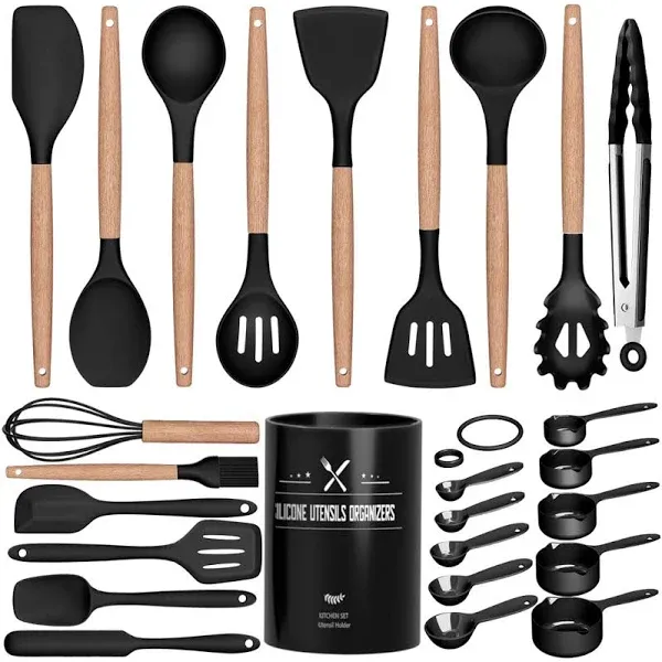 Kitchen Utensils Set, 26 Pcs Non-Stick Silicone Cooking Utensils Spatula Set with Holder, Sturdy Wooden Handle, Heat Resistance Silicone Kitchen Gadgets Utensils Set, Black