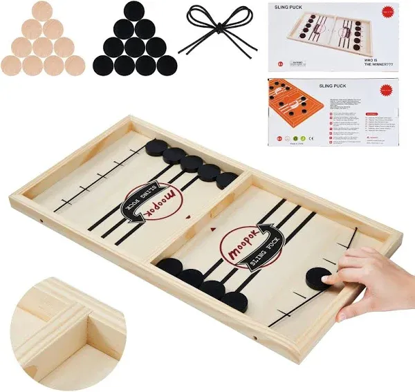 moopok Fast Sling Puck Game,Wooden Hockey Game.Desktop Battle 2in1 Super Table Winner Game,Adults and Kids Family Friend Funny Slingshot Game