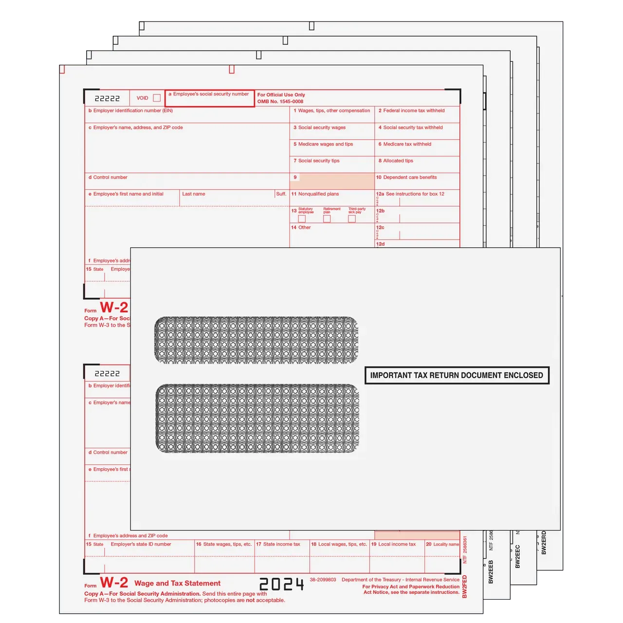 W-2 Tax Forms 2024 4- Part Laser Forms Envelopes W-3 Transmittal