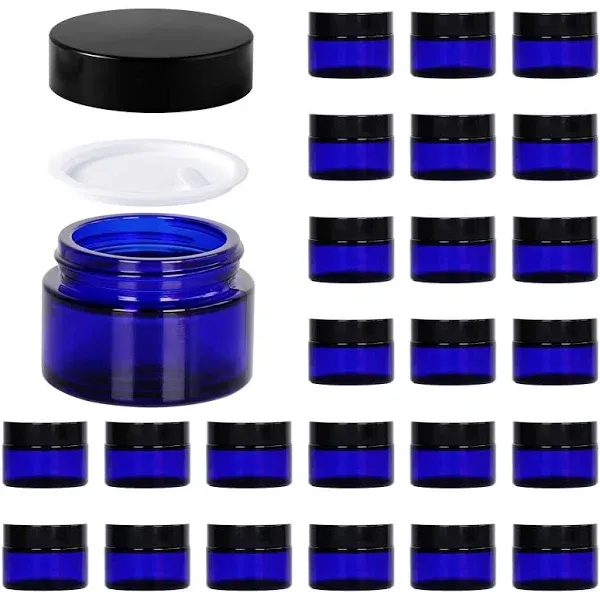 1oz Glass Jar with Lid, Hoa Kinh 25Pack Blue Round Containers Cosmetic Glass Jars with Inner Liners and Black Lids Travel Jars for Storing Lip and Body Scrub, Lotion, Body Butter, Bath Salts, Liquid