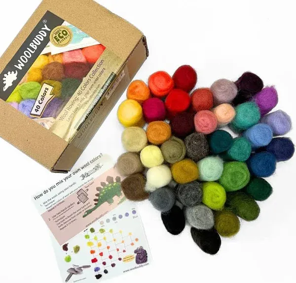 Woolbuddy Felting Wool - 40 Vibrant Colors, Quality Felting Supplies for Beginners and Wet Felting, Soft and Easy-to-Work-with Wool Roving