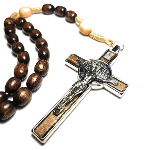 Made in Italy Rosary Blessed by Pope Francis Vatican Rome Holy Father Medal Cross Saint Benedict Patron Saint of Students, Christian Values Honor Veterans US Army solders Addiction Dependence (Brown)