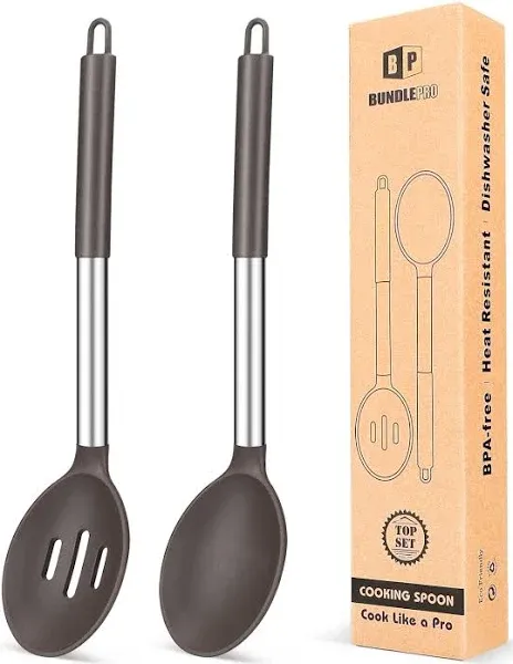 Bundlepro Pack of 2 Large Silicone Cooking Spoons,Non Stick Solid Basting Spoon,Heat-Resistant Kitchen Utensils for Mixing,Serving,Drainin