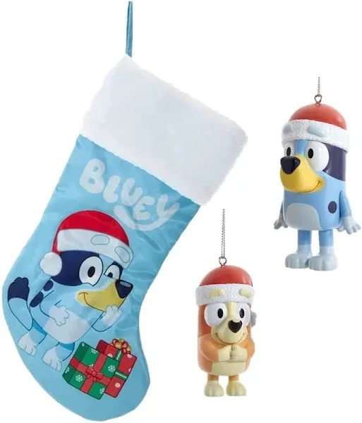 Kurt Adler Bluey & Bingo Christmas Ornaments and Stocking Set of 3