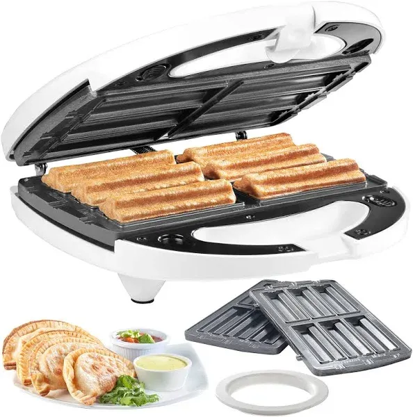 Empanada and Churro Maker Machine - Cooker w 4 Removable Plates - Easier than a Press - Includes Dough Cutting Circle for Easy Measurement, Mexican Dinner Night Treat or Fiesta Party Food Supplies