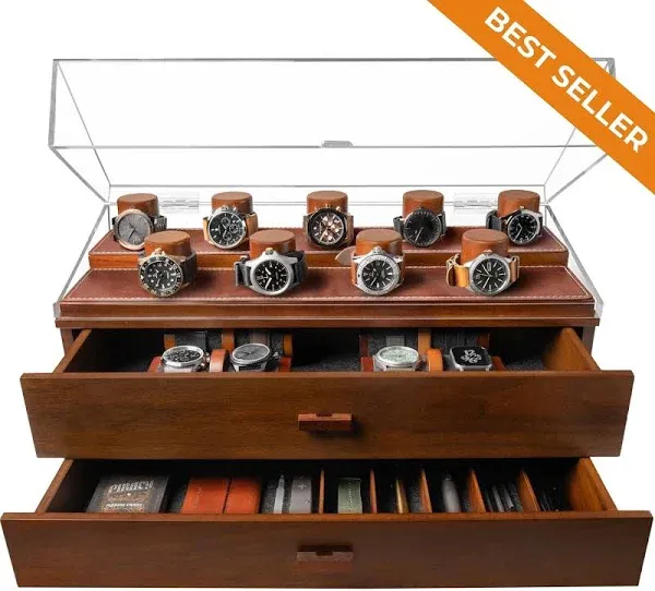 Holme & Hadfield Premium Watch Display Case for 17 Watches –Christmas Gift for Men Walnut