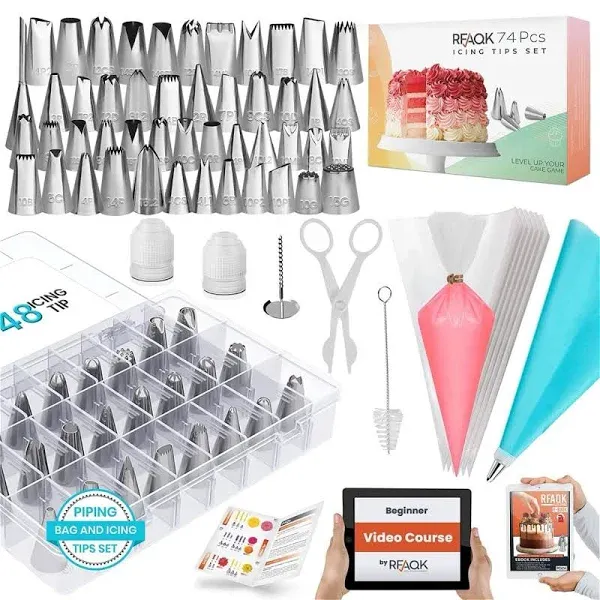 RFAQK 74 PCs Icing Piping Bags and Tips Set, Cake Decorating Kit with 48-Numbered Piping Tips, 20+1 Pastry Bags for Cookie Cupcake Cake Decoration, Cake Decorating Tips Set with Booklet and E-book