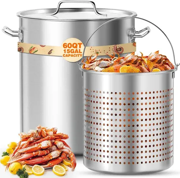 PYY Turkey Fryer with Basket & Lid - 60qt Boil Pot Stainless Steel Crab Lobster Crayfish Shrimp Stock Pot Boiler Deep, Fried Cooker for Commercial Outdoors or Gatherings, 15.7 * 17.3"