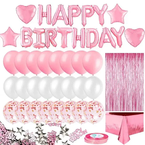 MOVINPE Pink Birthday Party Decoration, Happy Birthday Banner, Rose Gold Frin...