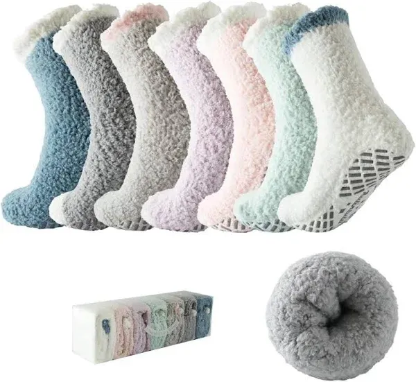 Bulinlulu Fuzzy Socks With Grips for Women 5-Pairs Non Slip Sleep Warm Fluffy Slipper Socks with Grippers for women