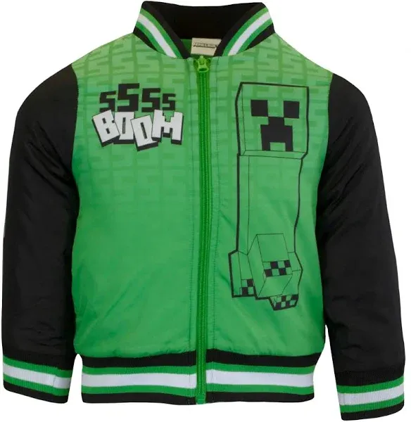 Minecraft Boys' Creeper French Terry Varsity Zip Up Bomber Jacket