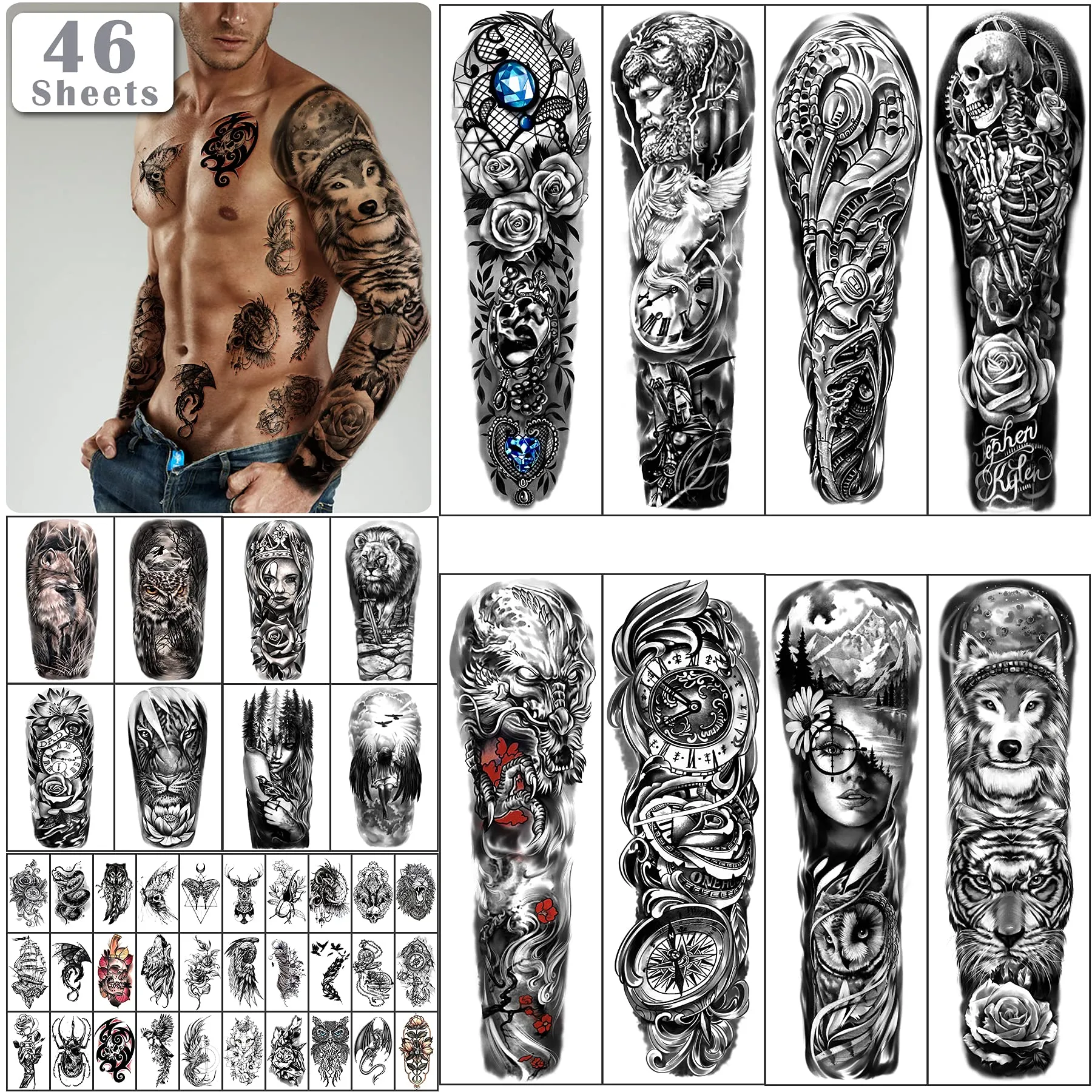 Full Arm Skull Temporary Tattoos for Men Half Arm Shoulder 46 Sheets.