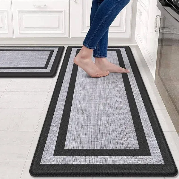 KriKac Kitchen Mat [2 PCS] Cushioned 0.47 inch Rugs Non-Skid Waterproof Mats and Ergonomic Comfort Standing for Floor, Office, Sink, Laundry, Black and Gray