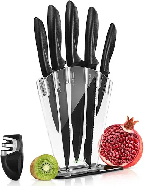 NutriChef 7 Piece Kitchen Knife Set - Stainless Steel Kitchen Precision Knives Set w/ 5 Knives & Bonus Sharpener, Acrylic Block Stand - Cutting Slicing, Chopping, Dicing NCKNS7X