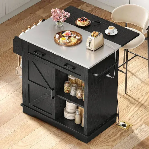 YITAHOME Kitchen Island with Stainless Steel Top & Drop Leaf, 42 Inch Kitchen Island on Wheels with Power Outlet, Rolling Portable Mobile Kitchen Cart w Storage Drawer Cabinet Counter Metal Top, Black