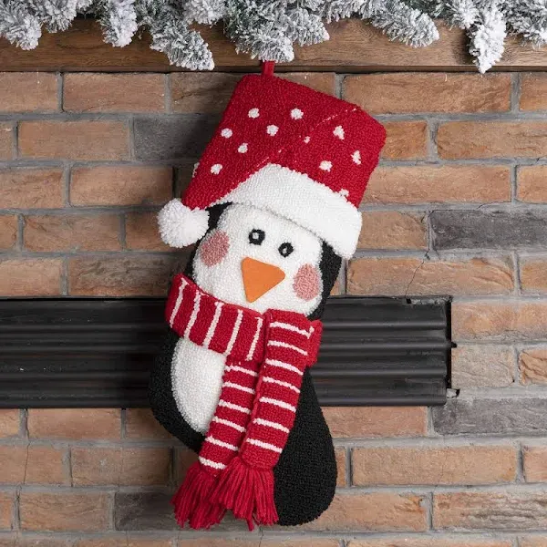 19&#034; L 3D Penguin Christmas Stocking Oversize Handmade Hooked Xmas Fireplace H...