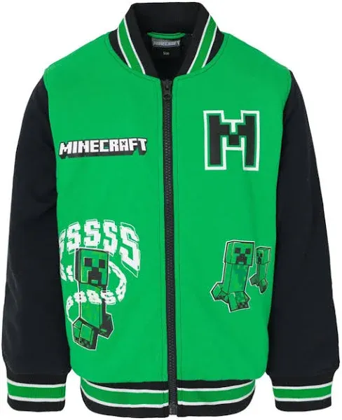 Minecraft Creeper French Terry Varsity Zip Up Bomber Jacket Little Kid to Big Kid