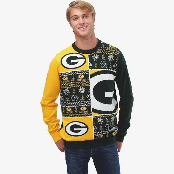 FOCO Green Bay Packers Men's Busy Block Snowfall Sweater