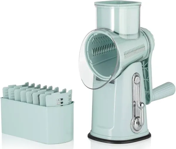 5 in1 Rotary Cheese Grater with Handle, Rotary Grater, Vegetable Slicer, Shredder, Carrot Grater, Nut Grinder, and Chocolate Shaver (Light Green)