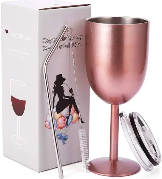 AMZUShome Stainless Steel Wine Glasses Cups.Double Walled Vacuum Insulated Wine Tumbler With Lid and Straw.Friendship,Christmas,Birthday Gifts for Women Men Friends Dad Mom(10oz Rose Gold)