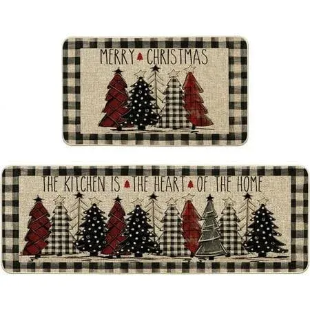 Buffalo Plaid Xmas Tree Merry Christmas Kitchen Mats Set of 2, Winter Home Decor