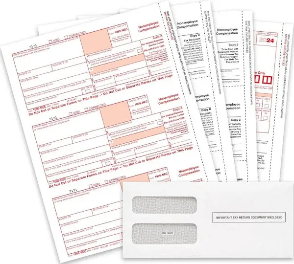 1099 NEC Tax Forms 2024 with 25 Self Seal Envelopes, 25 4 Part Tax Forms Kit,...