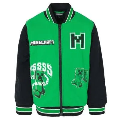 Minecraft Boys' Creeper French Terry Varsity Zip Up Bomber Jacket