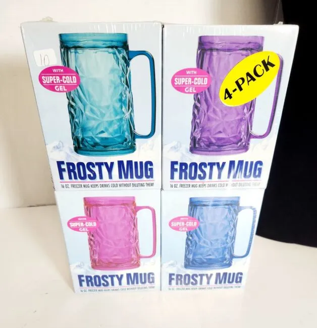 Set of 4 Double Wall Gel Frosty Freezer Ice Mugs Clear 16oz Capacity Multi-color