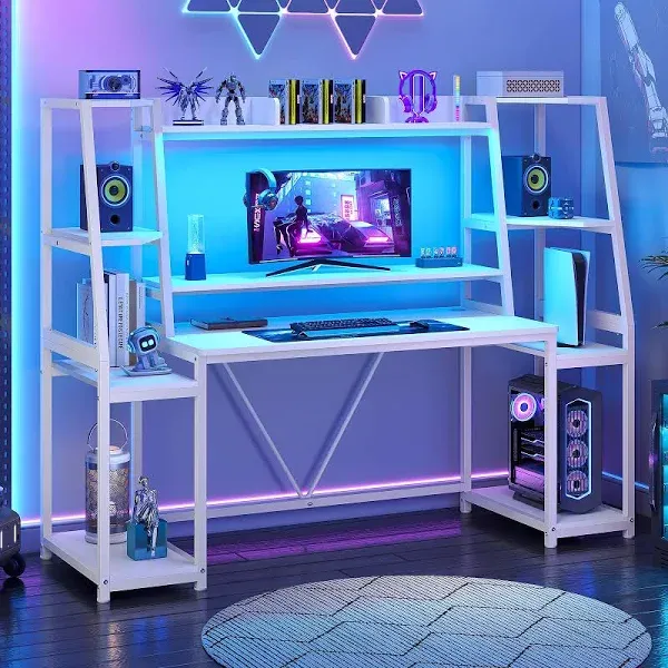 Caoimhin Gaming Desk 65.7'' With Led Lights, Hutch And Storage Shelves