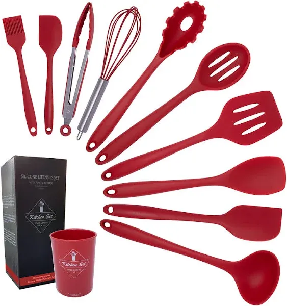 Silicone Cooking Utensils Set 11 pcs red kitchen utensils set with holder, sp...