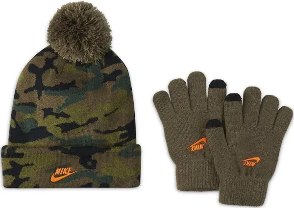 Youth Boy&#039;s Nike Camo Pom Beanie &amp; Texting Gloves Set - Grey Camo - OS - NWT