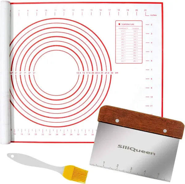 Silicone Pastry Baking Mat with Measurements Extra a Brush and a Dough Scraper- 23.5” x 15.7” Heat Resistant, BPA Free, Non-Stick Non-Slip Pastry Mat for Rolling Dough - Easy to Clean, Red