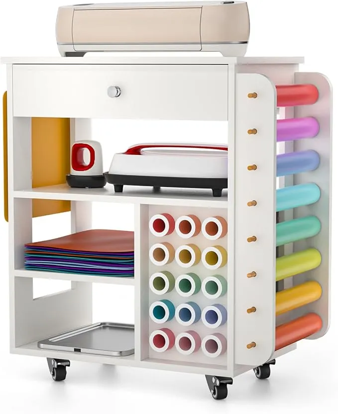 Rolling Craft Cart and Storage Table for Cricut - VDamu Vinyl Roll Holder and Craft Room Organizer