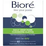 Bioré Daily Make Up Removing Cloths, Facial Cleansing Wipes with Dirt-grabbing Fibers for Deep Pore Cleansing without Oily Residue, 60 Count