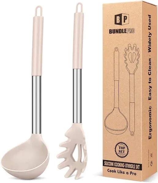 Silicone Pasta Fork and Ladle Spoon Set, Large Non Stick Kitchen Utensils Soup,