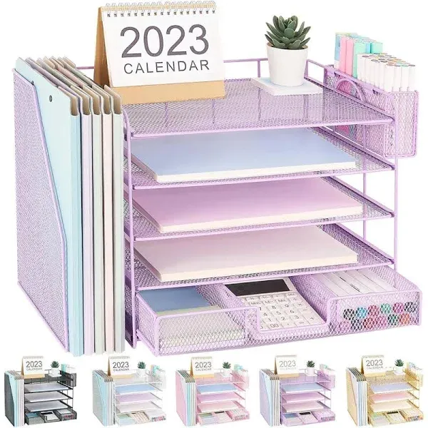 Desk Organizer with File Holder, 5-tier Paper Letter Tray File Organizer Purple