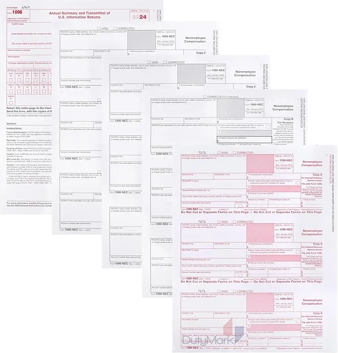 NextDayLabels New 1099-NEC Forms for 2024, 4-Part Tax Forms, Vendor Kit of 25 Laser Forms and 25 Self-Seal Envelopes, Forms Designed for QuickBooks and Other