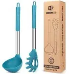 Silicone Pasta Fork and Ladle Spoon Set, Large Non Stick Kitchen Utensils for Cooking,Stirring,Serving Spaghetti, Soup, Sauce (Blue)