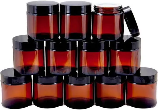 Vivaplex 12 Amber 4 oz Round Glass Jars with Inner Liners and Black Lids