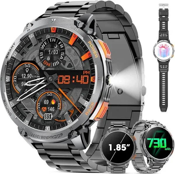 Military Smart Watch for Men 1.85" HD 730mAh Battery Smart Watches with LED Flashlight for Android iOS （Bluetooth Call Answer/Dial Calls） Fitness Tracker with Heart Rate Blood Black Steel Strip