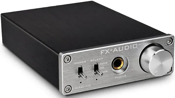 FX-Audio DAC-X6 Mini HiFi 2.0 Digital Audio Decoder DAC Input USB/Coaxial/Optical Output RCA/Headphone Amp 24Bit/96KHz DC12V(Silver)