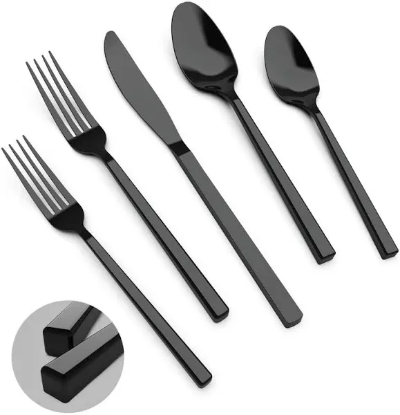 Cubic Black 20-Piece Silverware Set, 18/10 Forged Stainless Steel Flatware, M...