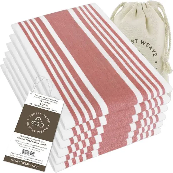 GOTS Certified Organic Cotton Kitchen Hand and Dish Towel Sets - Oversized 20x30 inches, Fully Hemmed, in Designer Colors, 6-Pack, Coral Stripe