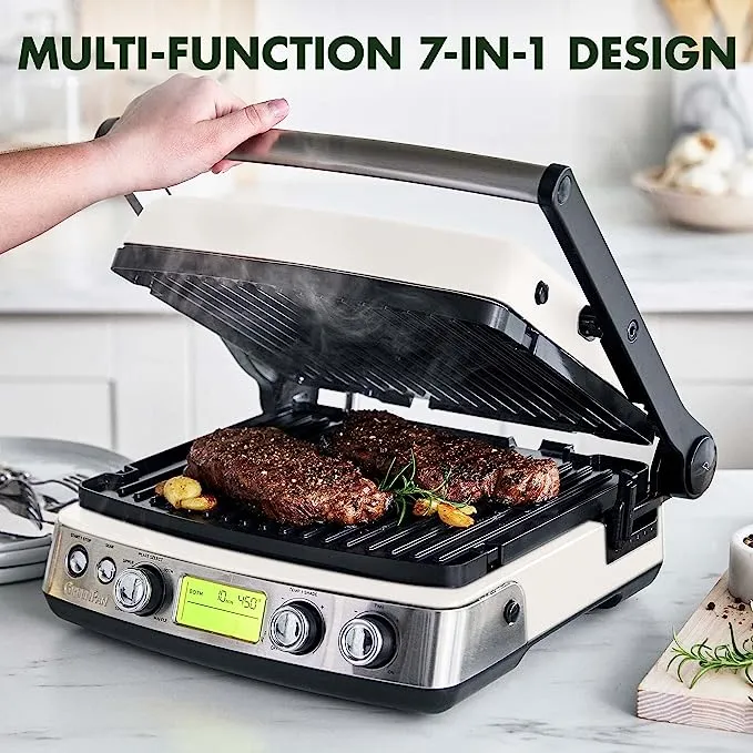 GreenPan Elite 7-in-1 Multi-Function Contact Grill & Griddle, Healthy Ceramic Nonstick Aluminum, Two Sets of Grill & Waffle Plates, Adjustable Shade & Shear, Closed Press/Open Flat Surface, Black