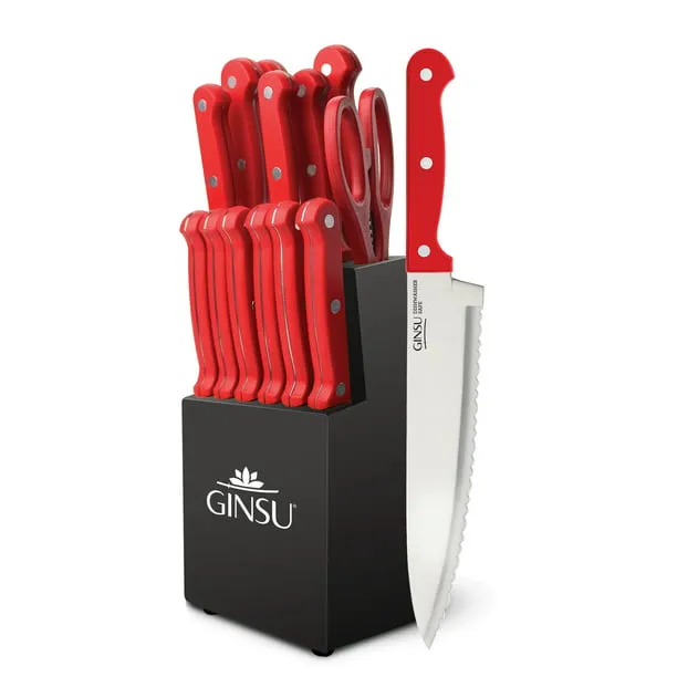 Ginsu Kiso 14-Piece Red Knife Set with Black Block - Dishwasher Safe and Always Sharp 