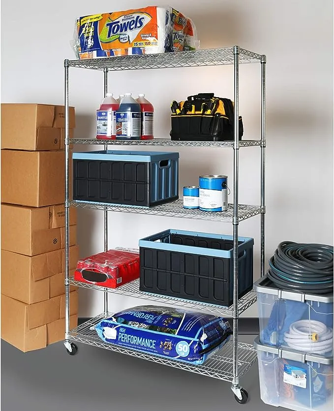 Seville Classics UltraDurable Commercial-Grade 5-Tier NSF-Certified Steel Wire Shelving with Wheels, 48" W x 18" D - Chrome