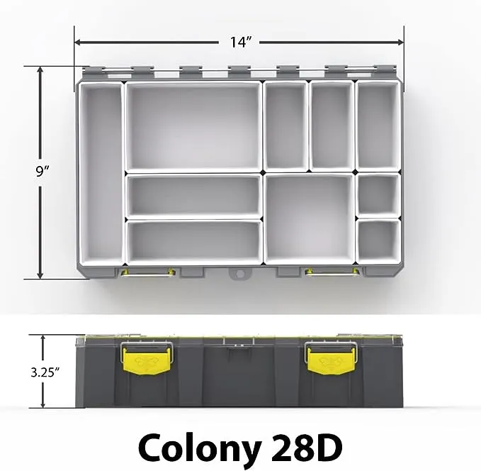 BUZBE Colony 28D (Deep) Modular Tackle Box, Waterproof Tackle Box, Customizable Fishing Box, Plastic Storage Organizer Box, Saltwater Tackle Box, Parts Box, Grey and Yellow