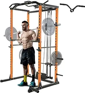 VANSWE Power Cage with LAT Pulldown Attachment, 1200-Pound Capacity Power Rack Full Home Gym Equipment with Multi-Grip Pull-up Bar, Landmine, T bar and Dip Handle (2023 Updated Version)